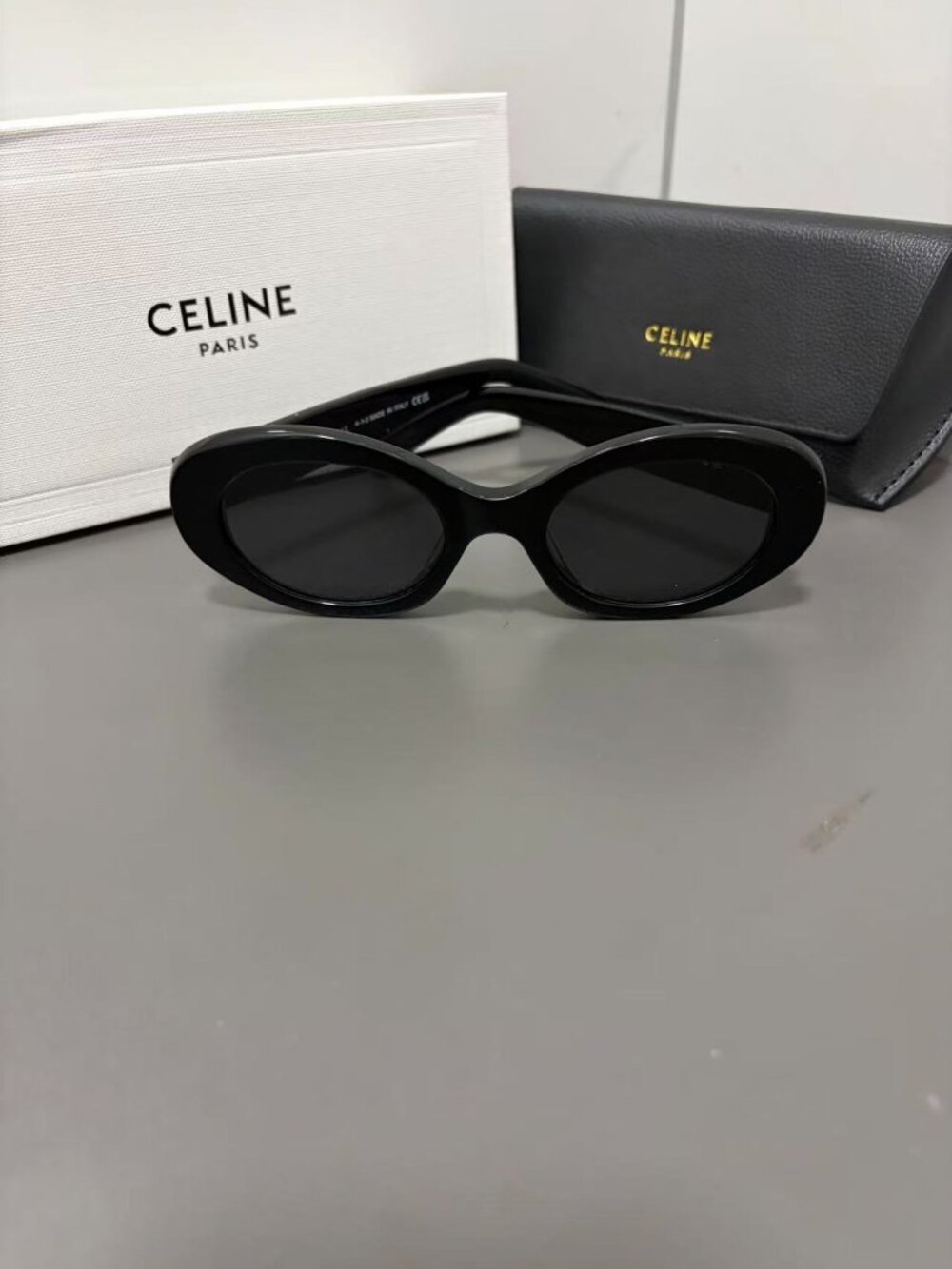 Celine Black Glossy Acetate Oval Retro Cat‑Eye Women Sunglasses